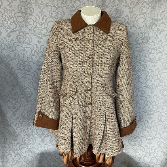 ViVi Vintage-style brown tweed babydoll Cottagecore Academia ruffle Sz L dress - Picture 2 of 16